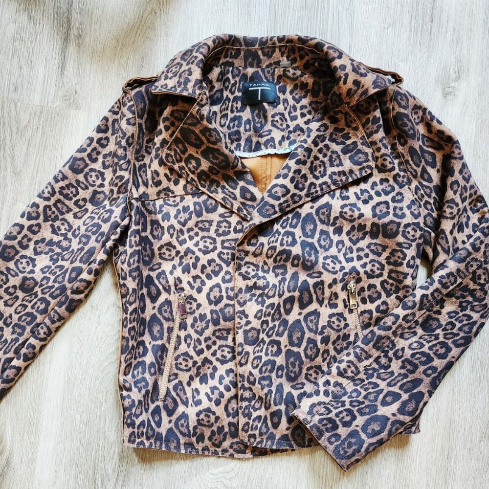 T Tahari Faux Suede Crop Moto Leopard Jacket